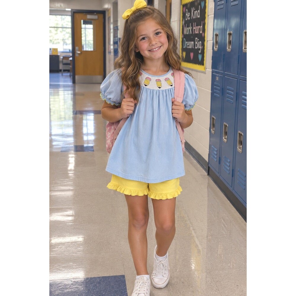 Ruffle Girl Girls Blue/Yellow 2pc Short Set Top & Shorts Elastic Waist 12-14
